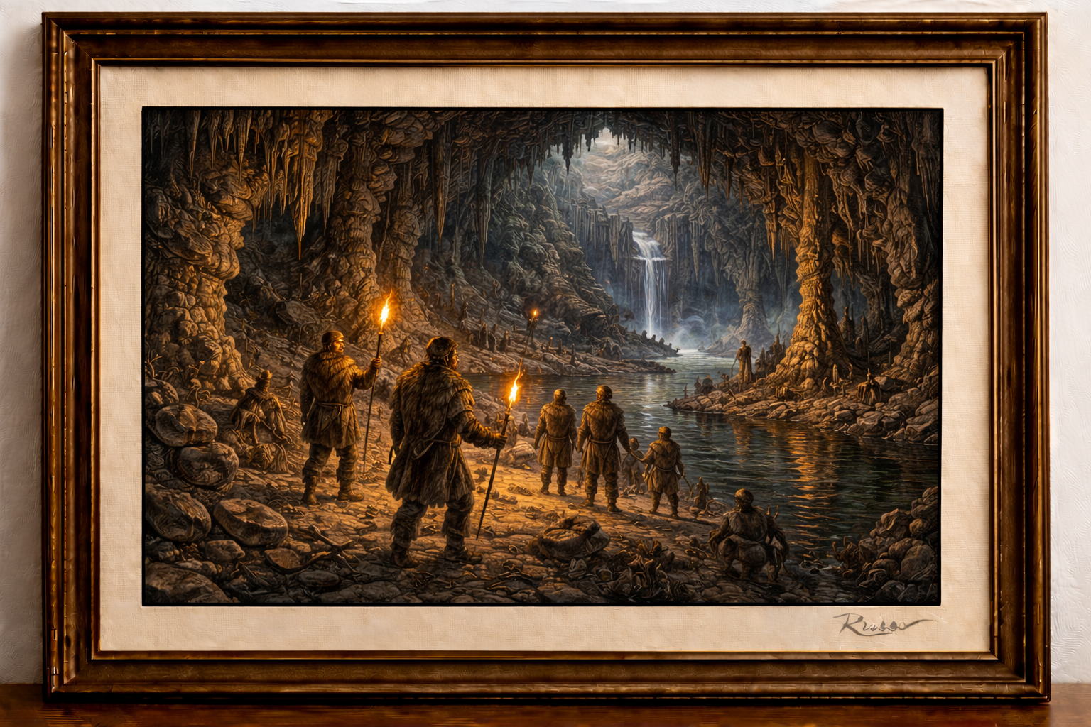 Prehistoric explorers in a glowing cave