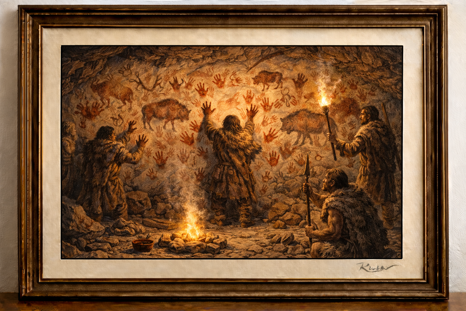 Ancient cave ritual in firelight