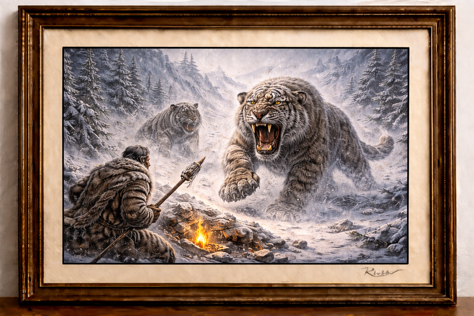 Hunter and tigers in the blizzard