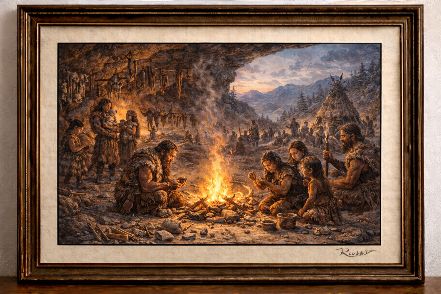 Tribe around a twilight fire