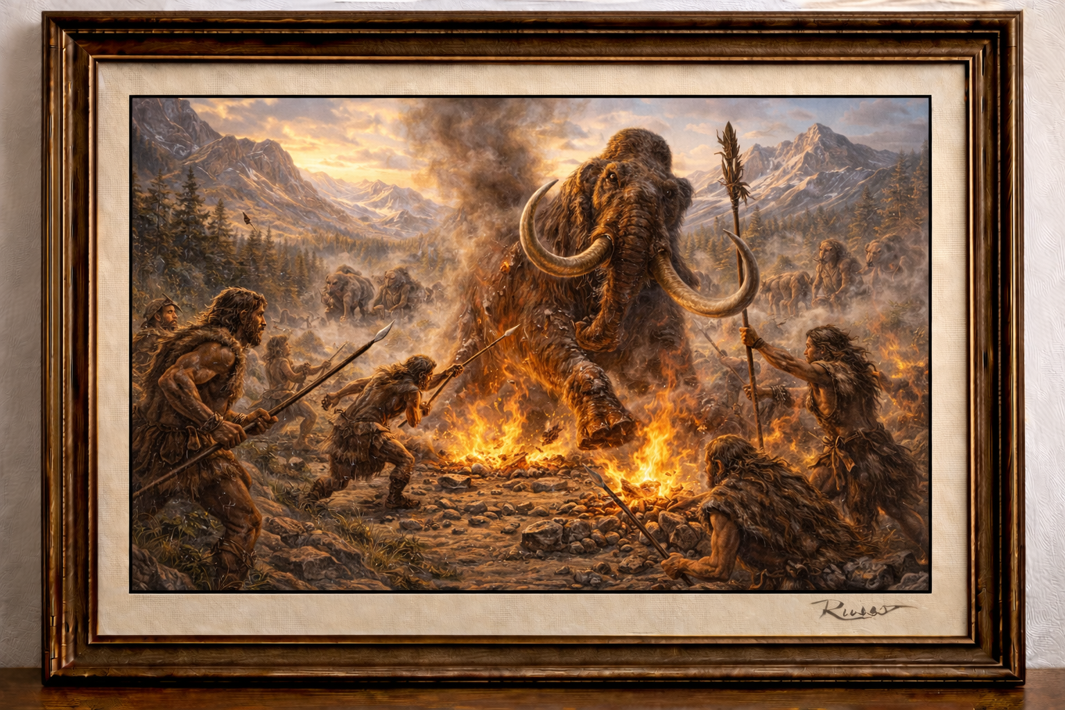 Hunter's fire and mammoths at dusk