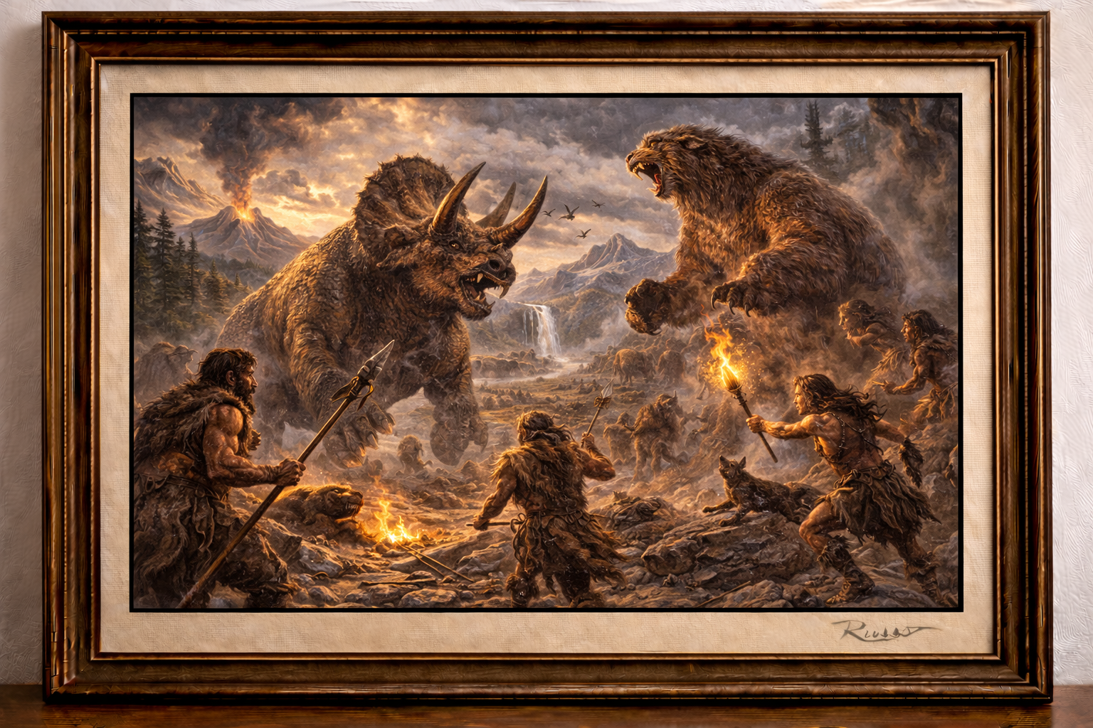 Prehistoric hunt under a stormy sky