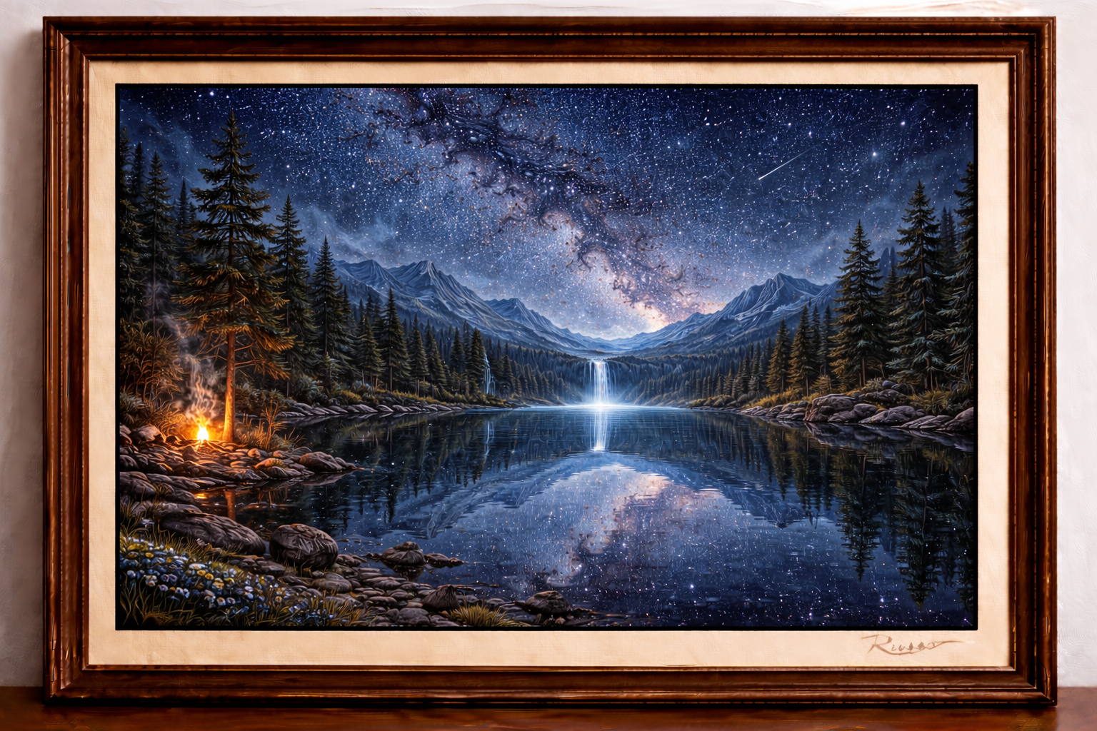 Starry night over alpine lake