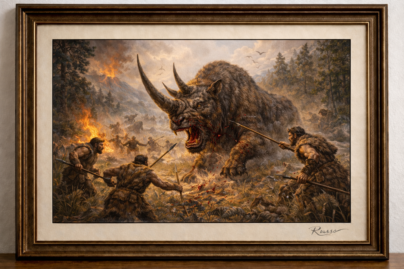 Prehistoric hunt in a misty forest