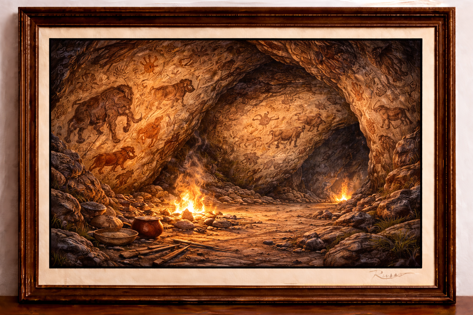 Cave art illuminated by fire