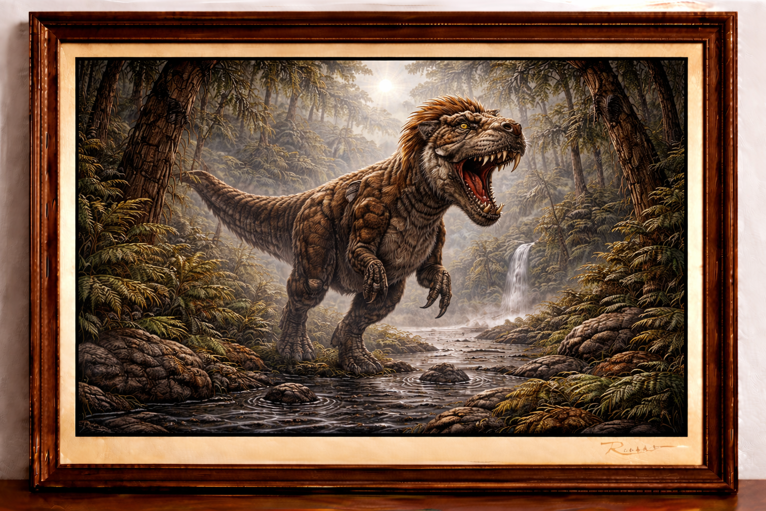 Feathered T-Rex in prehistoric jungle