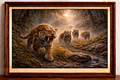 Saber-toothed tigers in misty forest