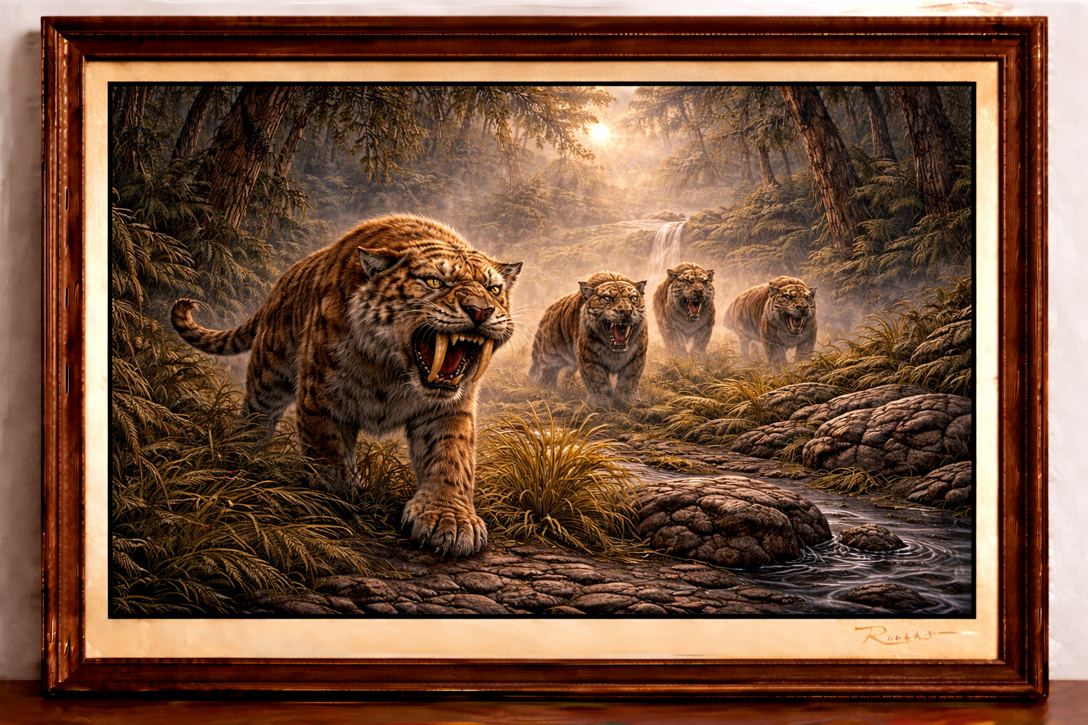 Saber-toothed tigers in misty forest