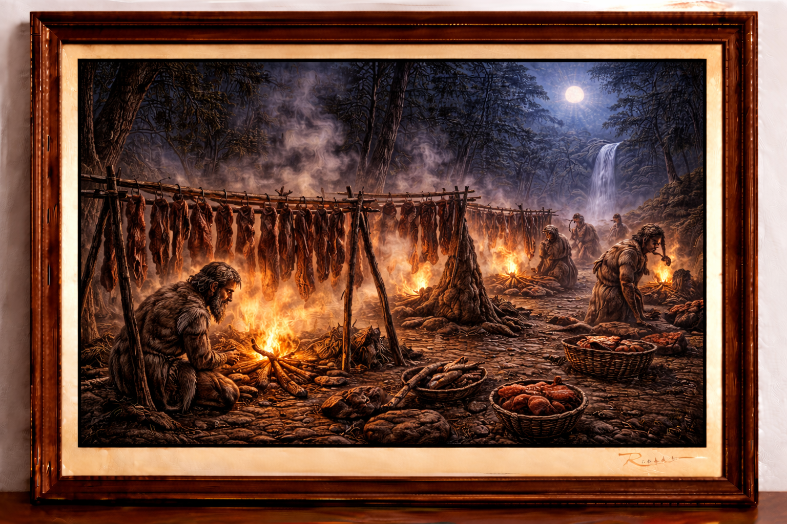 Nighttime tribal meat preservation ritual